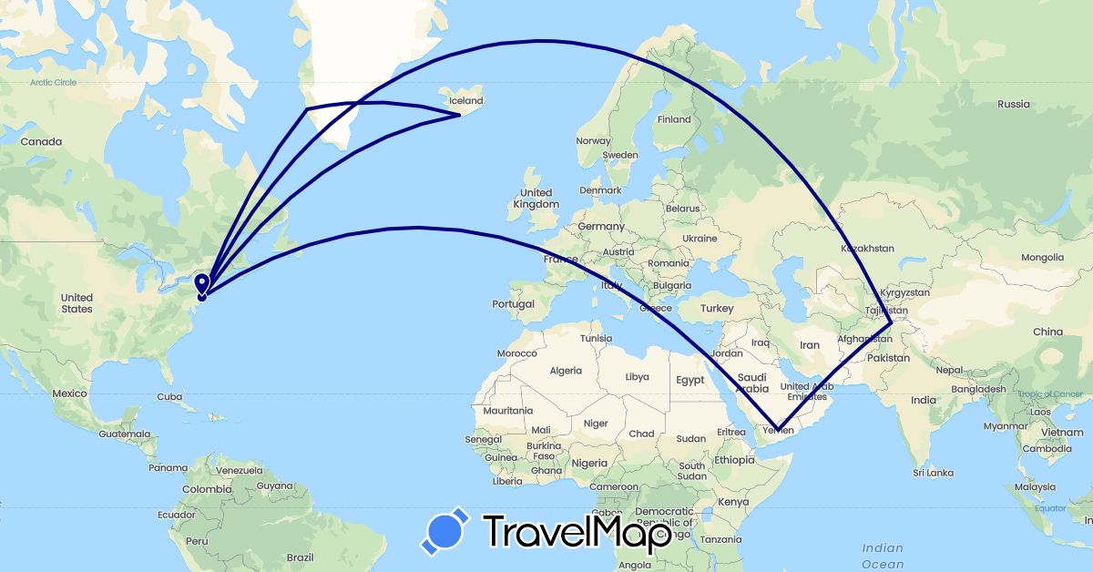 TravelMap itinerary: driving in Afghanistan, Greenland, Iceland, United States, Yemen (Asia, Europe, North America)
